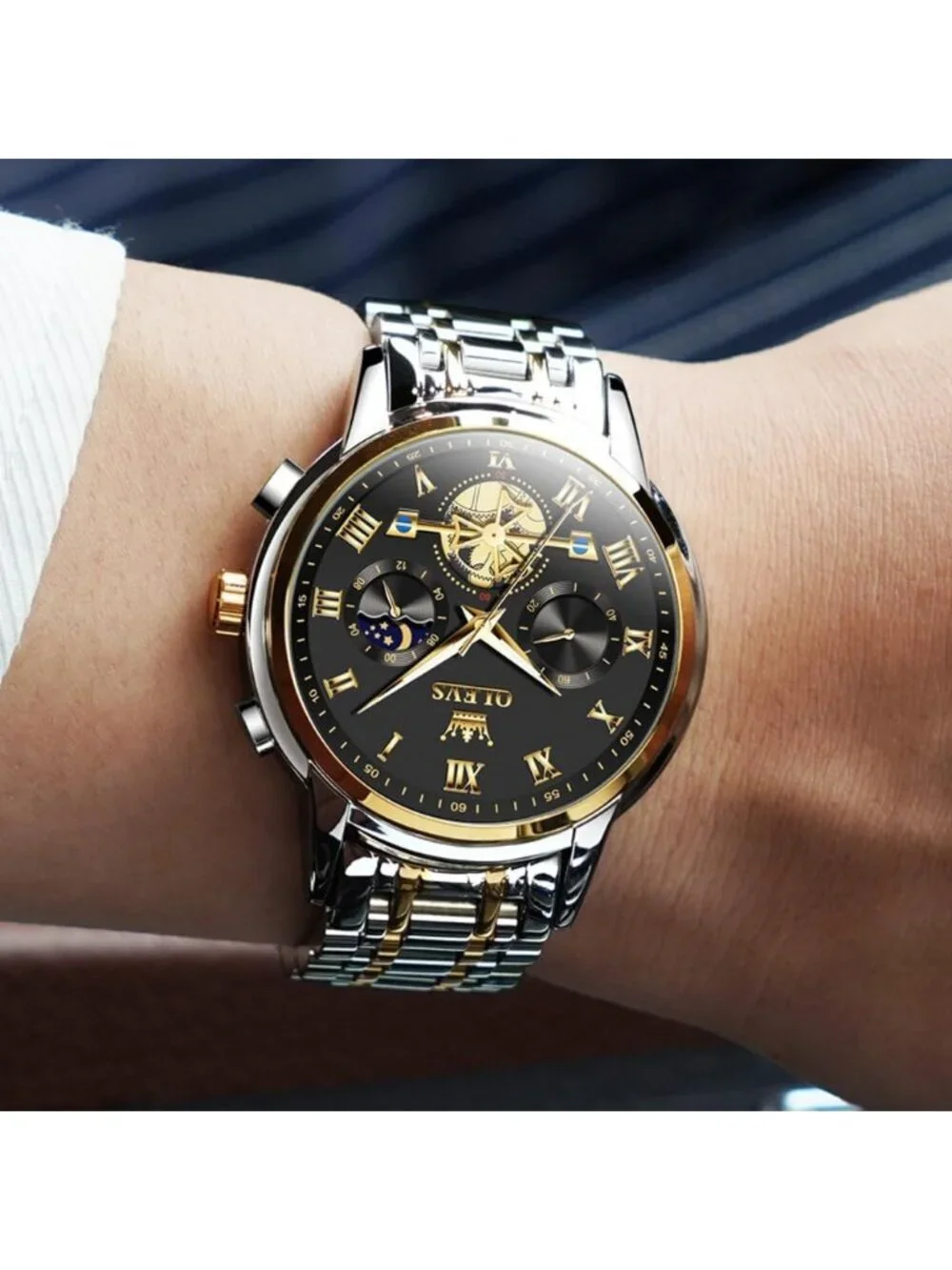 Men's Gold Silver Band and Black Stainless Steel Waterproof Big Face Wrist Watch